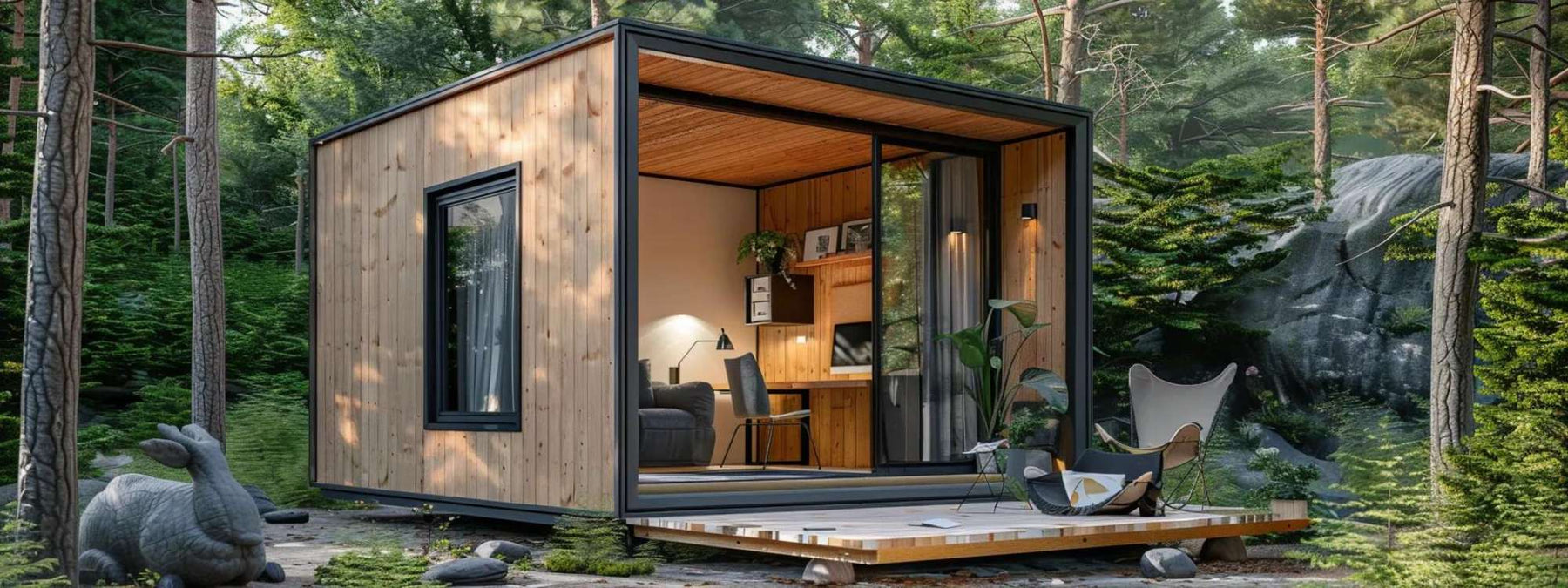 Outdoor home office design with a compact wooden office pod featuring glass doors, a desk inside, and a forested backyard setting