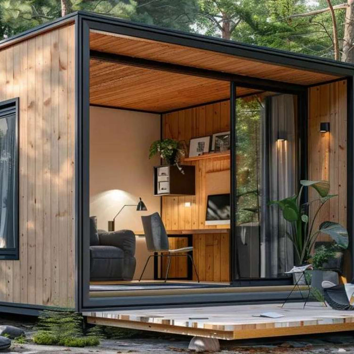 Outdoor home office design with a compact wooden office pod featuring glass doors, a desk inside, and a forested backyard setting