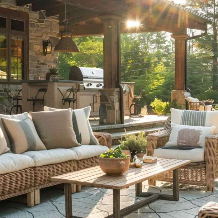 Outdoor living spaces with wicker seating, soft cushions, a wooden table, and a covered patio kitchen set among trees and stone flooring