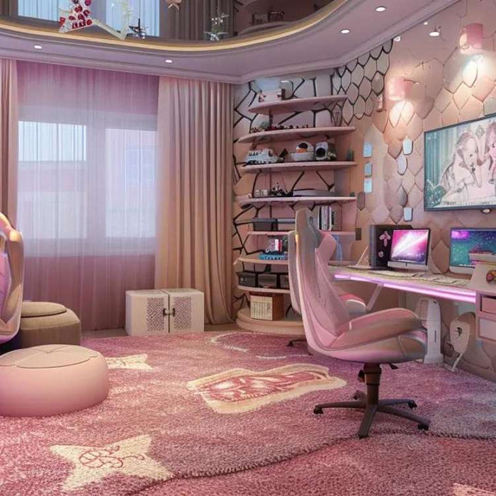 Pastel pink game room for girls with curved desks, dual gaming stations, and glowing LED lights arranged around soft rugs and plush chairs