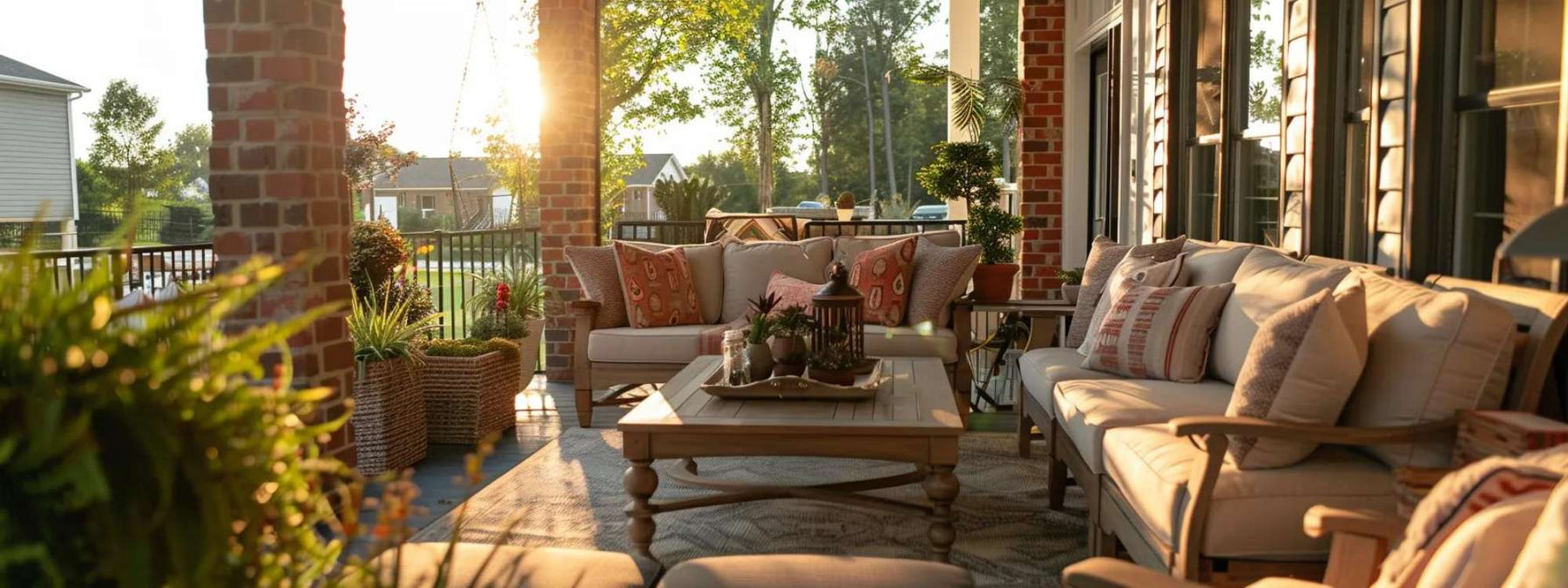 Patio decorating ideas on a covered brick porch with cushioned sofas, plants, and warm sunset lighting