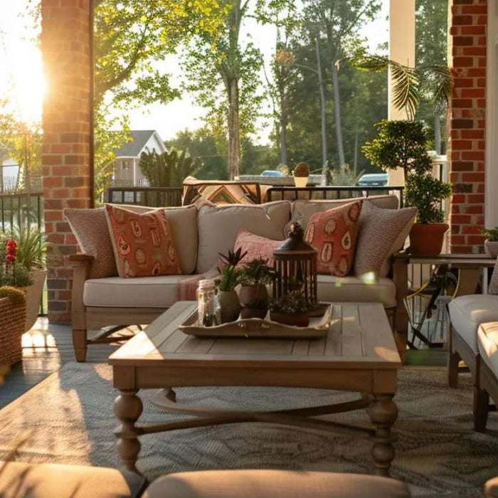 Patio decorating ideas on a covered brick porch with cushioned sofas, plants, and warm sunset lighting