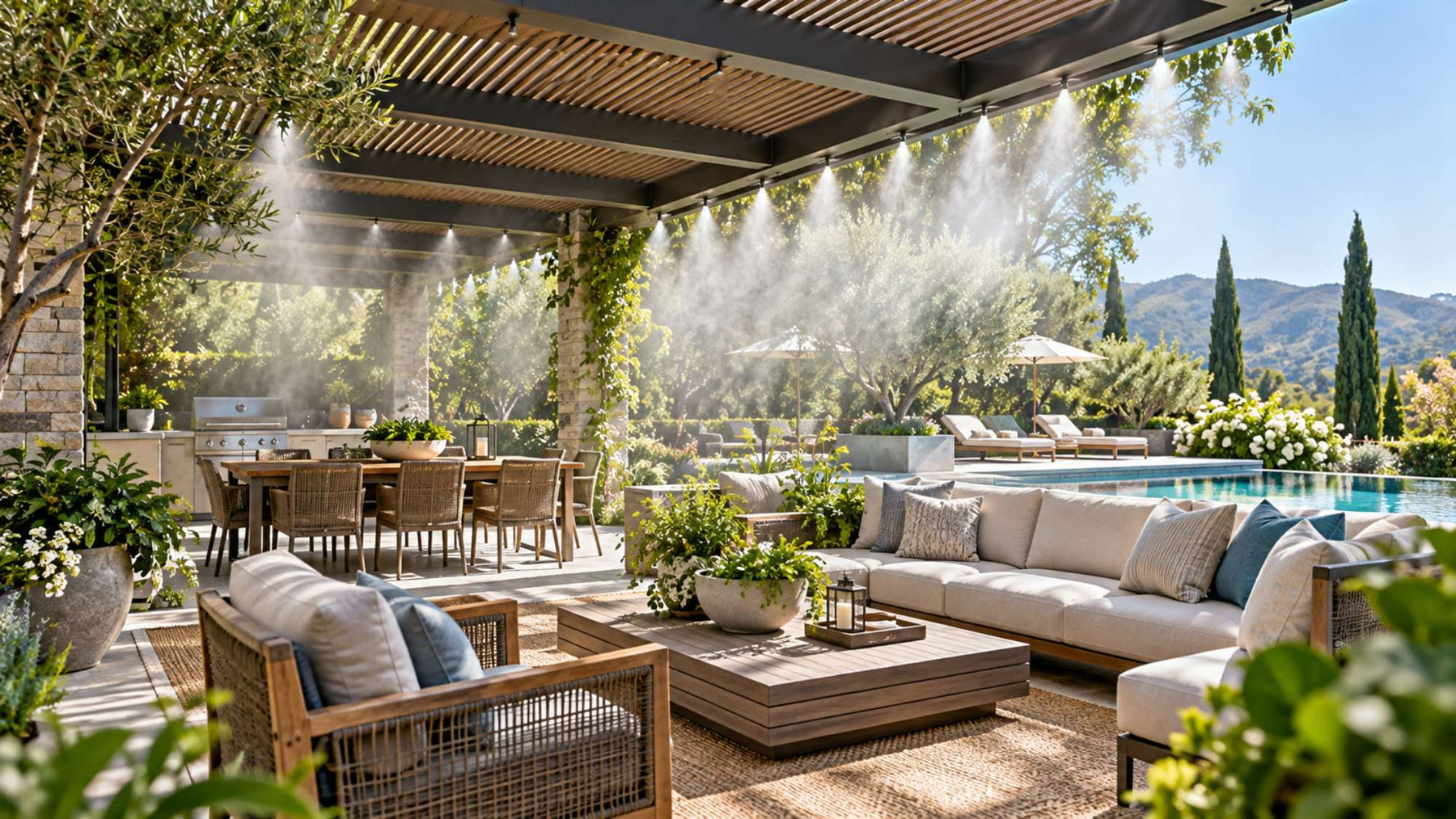 Patio misting system releases fine cooling mist from a modern pergola above a furnished outdoor lounge and dining area beside a swimming pool