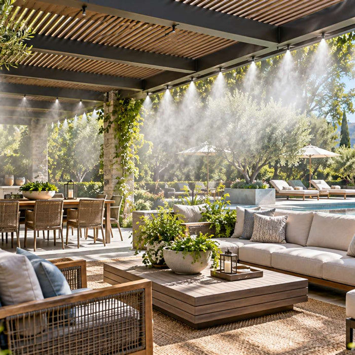 Patio misting system releases fine cooling mist from a modern pergola above a furnished outdoor lounge and dining area beside a swimming pool