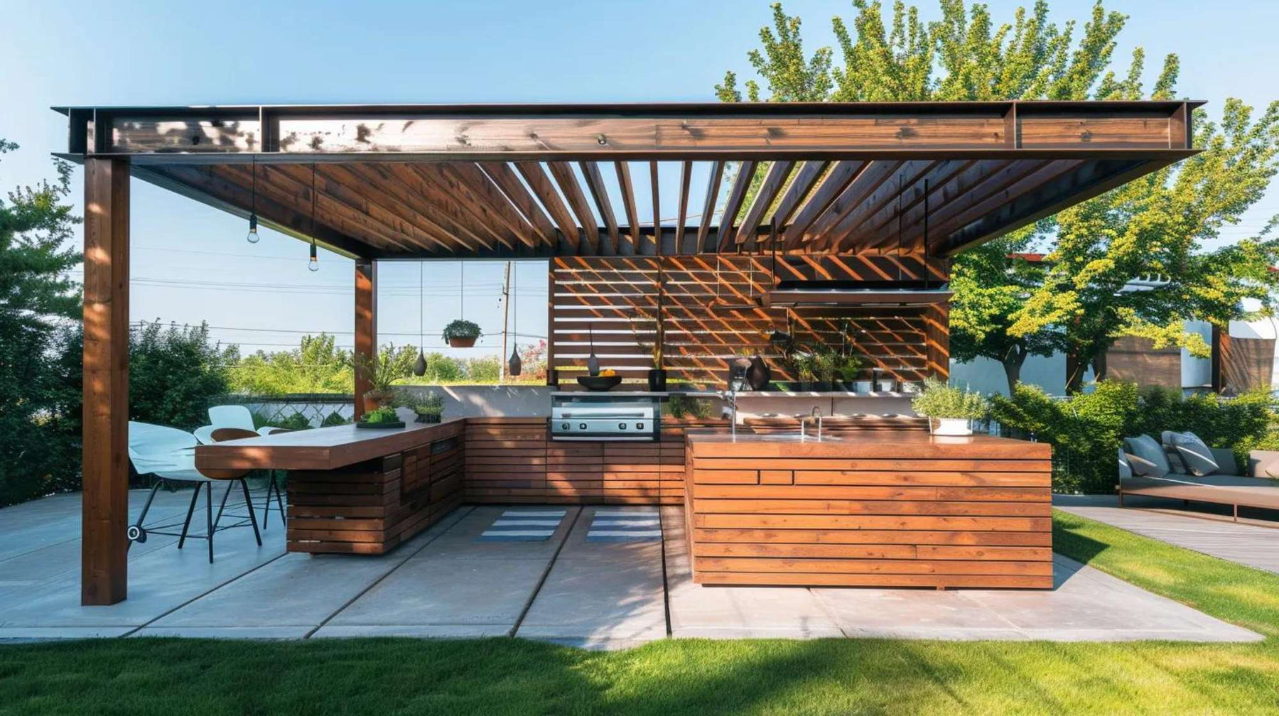 Pergola mosquito protection featured in a modern outdoor kitchen beneath a slatted pergola with open-air seating and landscaped surroundings
