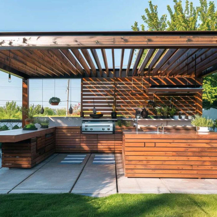 Pergola mosquito protection featured in a modern outdoor kitchen beneath a slatted pergola with open-air seating and landscaped surroundings