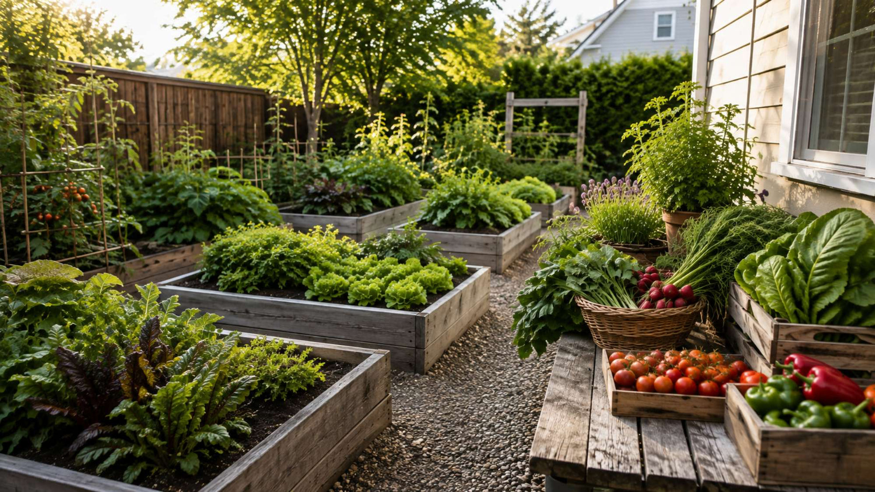 Raised bed garden filled with leafy greens, tomatoes, peppers, and radishes shows one practical way to sell vegetables from home