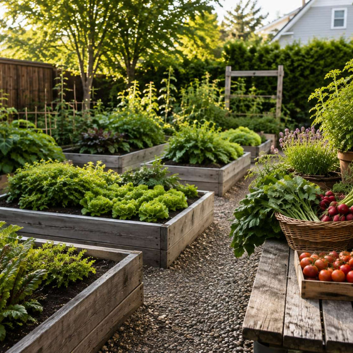 Raised bed garden filled with leafy greens, tomatoes, peppers, and radishes shows one practical way to sell vegetables from home