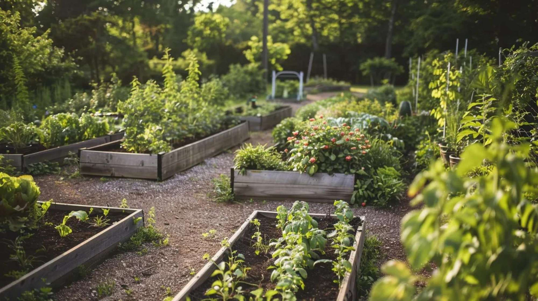 Raised garden bed ROI shown in a sunny backyard with wooden planter boxes arranged neatly along gravel paths