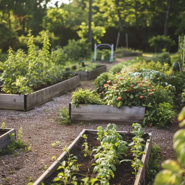 Raised garden bed ROI shown in a sunny backyard with wooden planter boxes arranged neatly along gravel paths