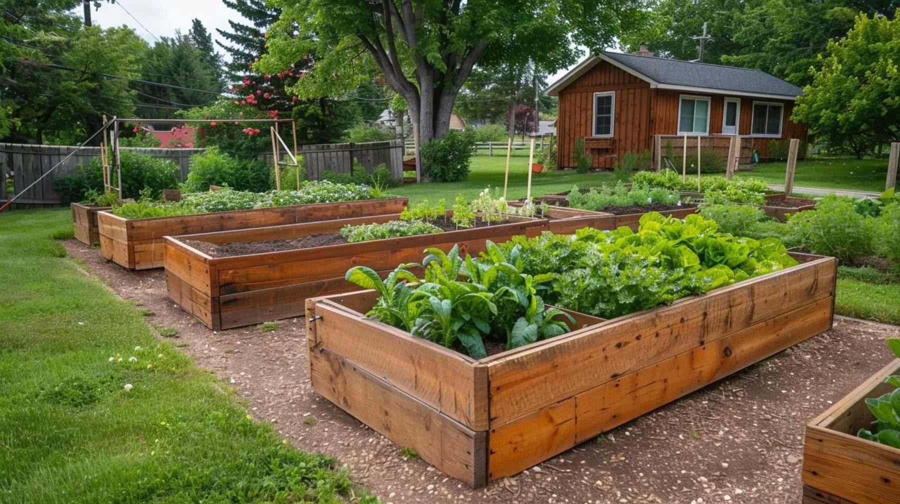 Raised garden bed gardening in a spacious backyard with several wooden planter boxes filled with leafy vegetables and herbs