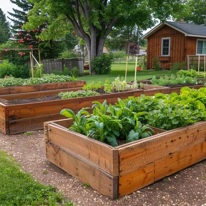 Raised garden bed gardening in a spacious backyard with several wooden planter boxes filled with leafy vegetables and herbs