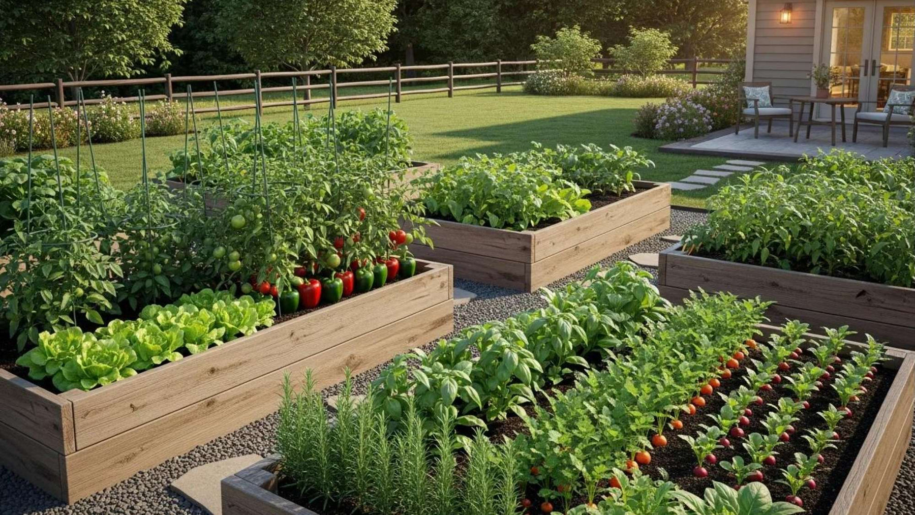 Raised garden bed gardening setup with wooden planter boxes filled with tomatoes, lettuce, herbs, and root vegetables in a spacious backyard