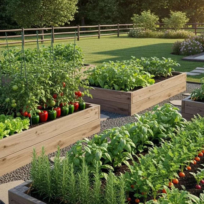 Raised garden bed gardening setup with wooden planter boxes filled with tomatoes, lettuce, herbs, and root vegetables in a spacious backyard