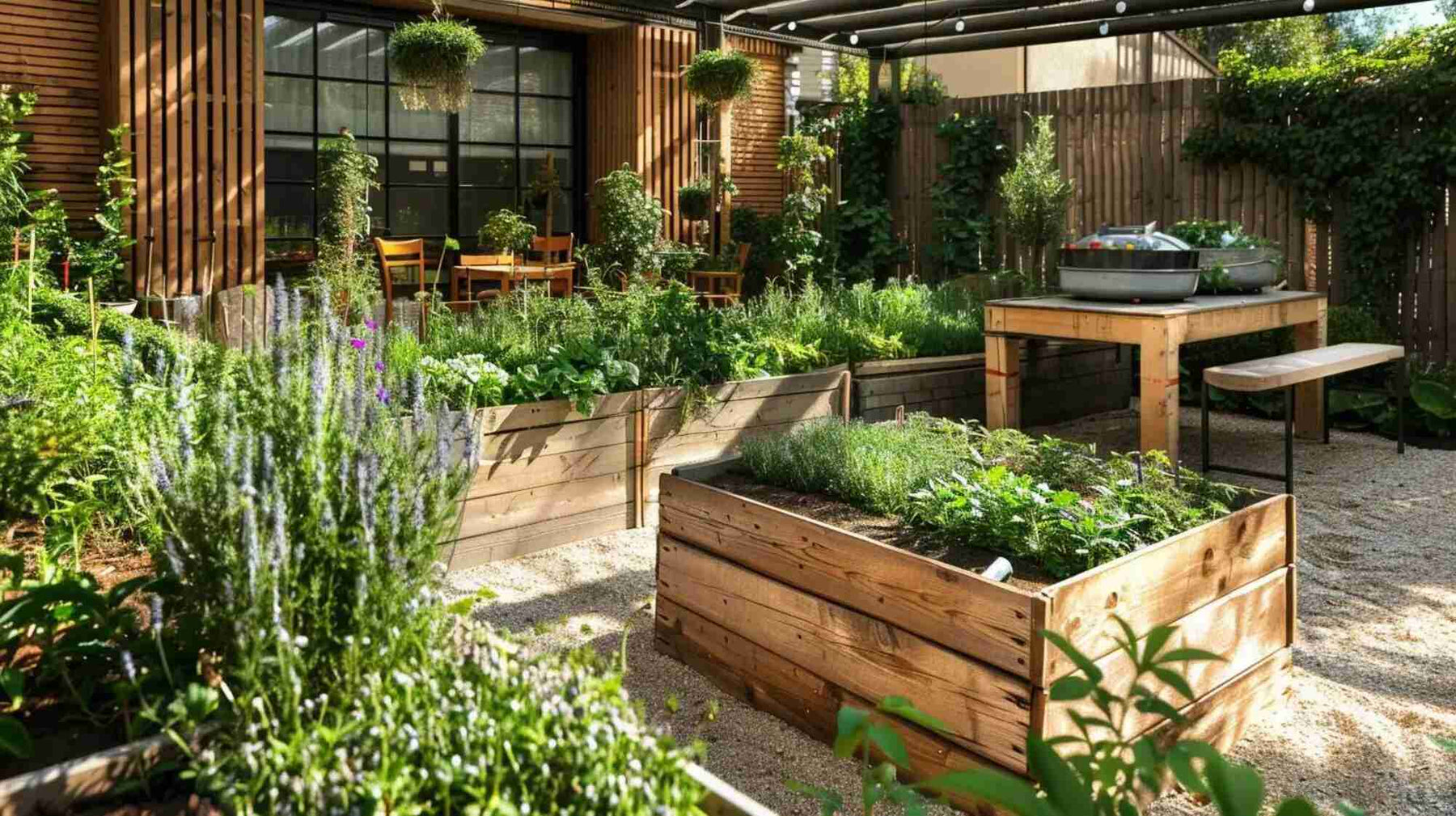 Raised garden beds packed with fresh herbs showcase dried herb business income from backyard gardening