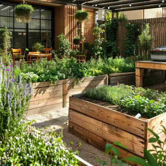 Raised garden beds packed with fresh herbs showcase dried herb business income from backyard gardening