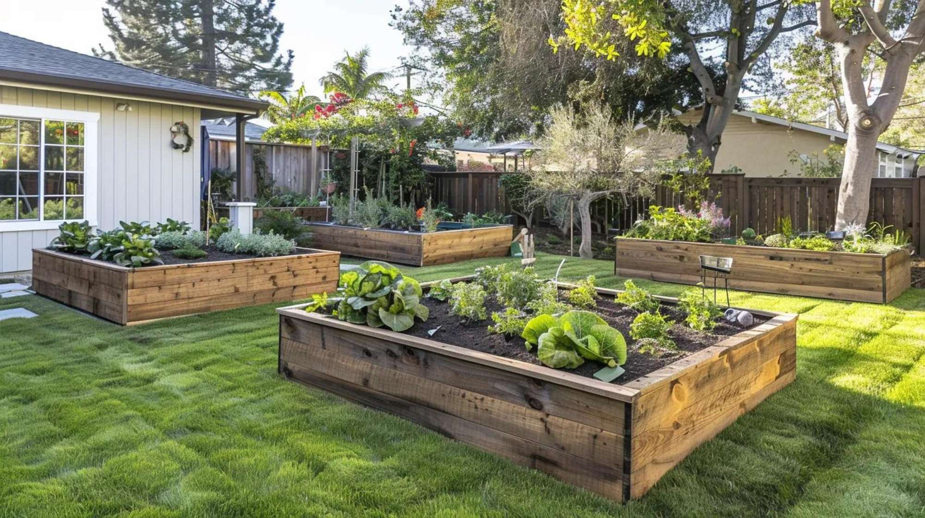 Raised garden beds surrounded by trees and open lawn illustrate water conservation gardening in a productive residential outdoor space