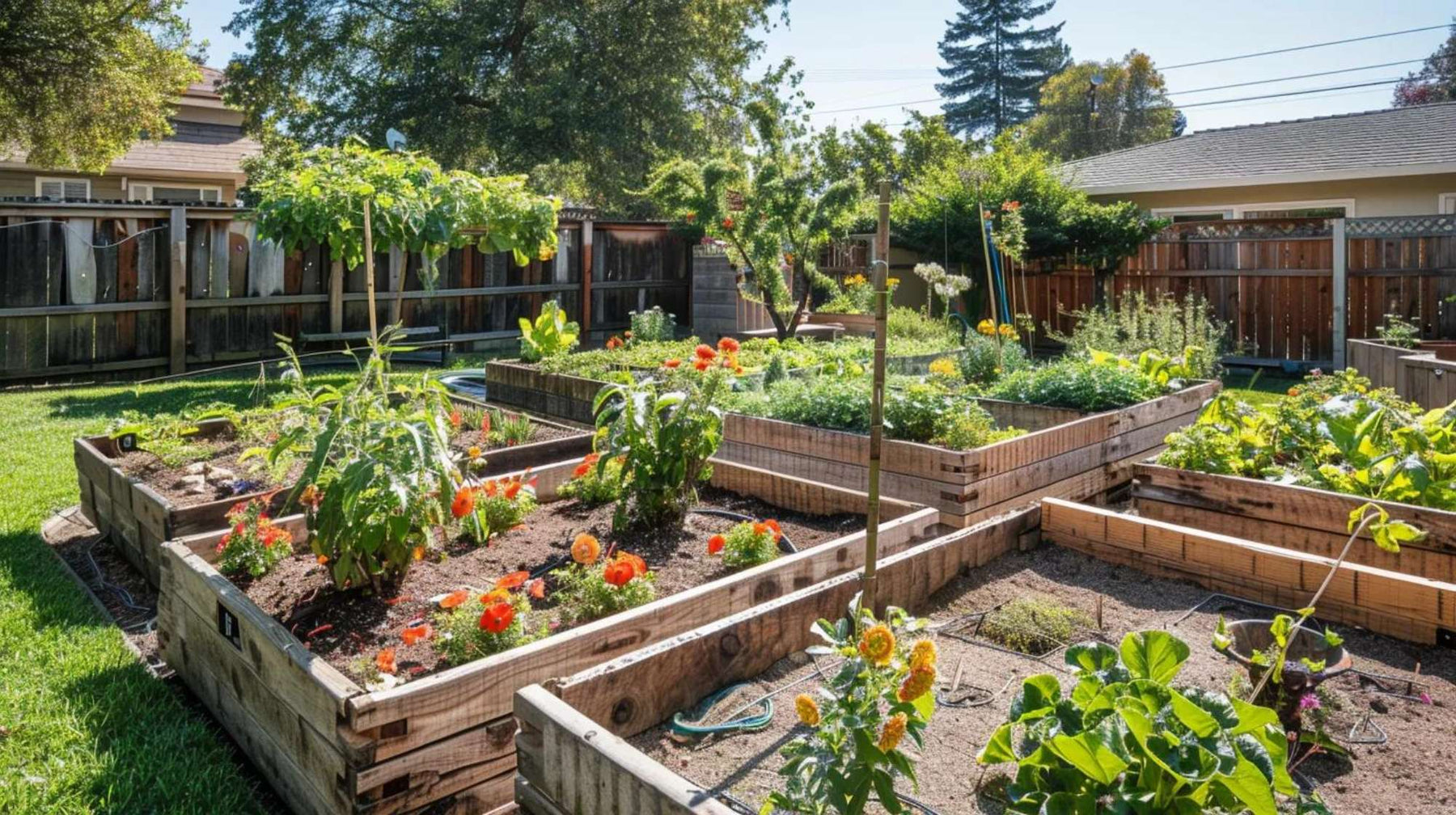Raised garden beds with healthy raised garden bed soil growing vegetables and flowers in a sunny backyard