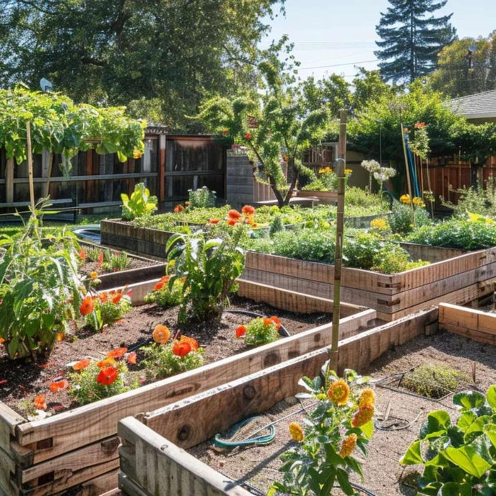 Raised garden beds with healthy raised garden bed soil growing vegetables and flowers in a sunny backyard
