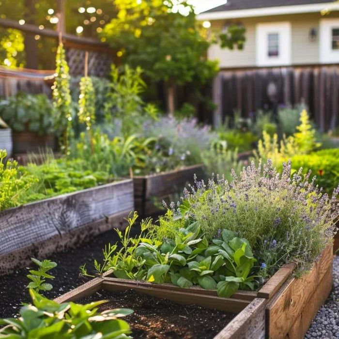 Raised garden beds with herbs and vegetables in a sunny yard highlight backyard garden income potential for small-space food production