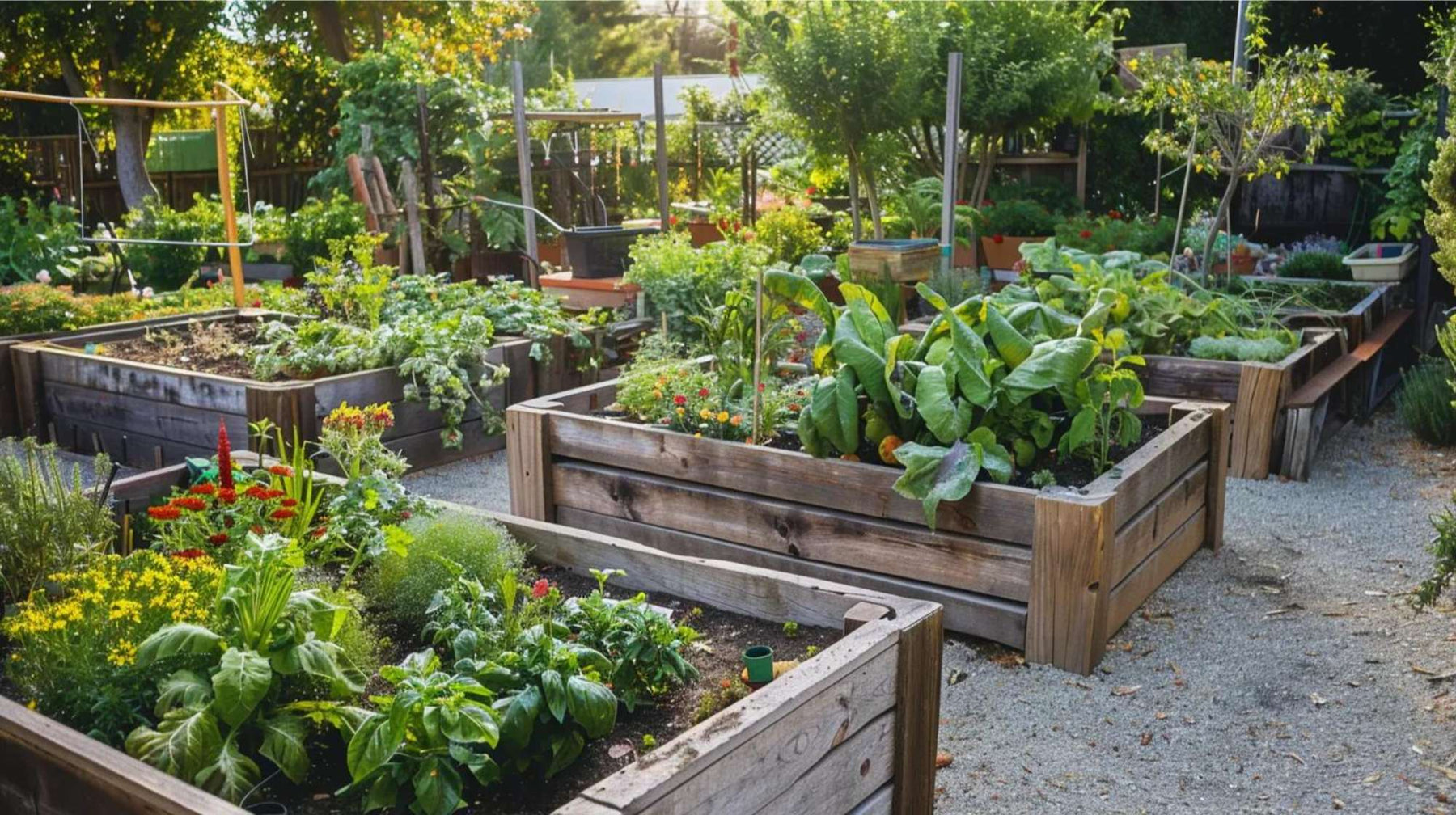 Raised garden beds with thriving plants, ideal setup to install auto watering for easy garden irrigation