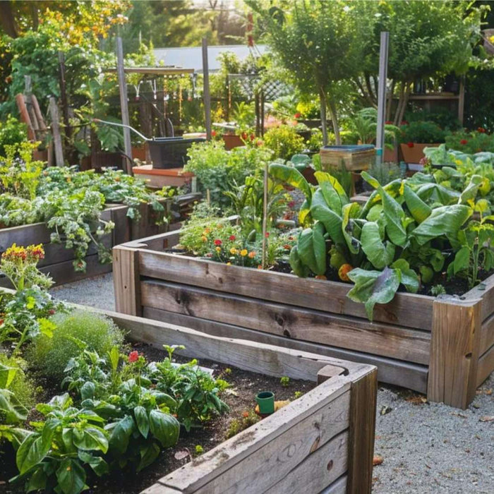 Raised garden beds with thriving plants, ideal setup to install auto watering for easy garden irrigation