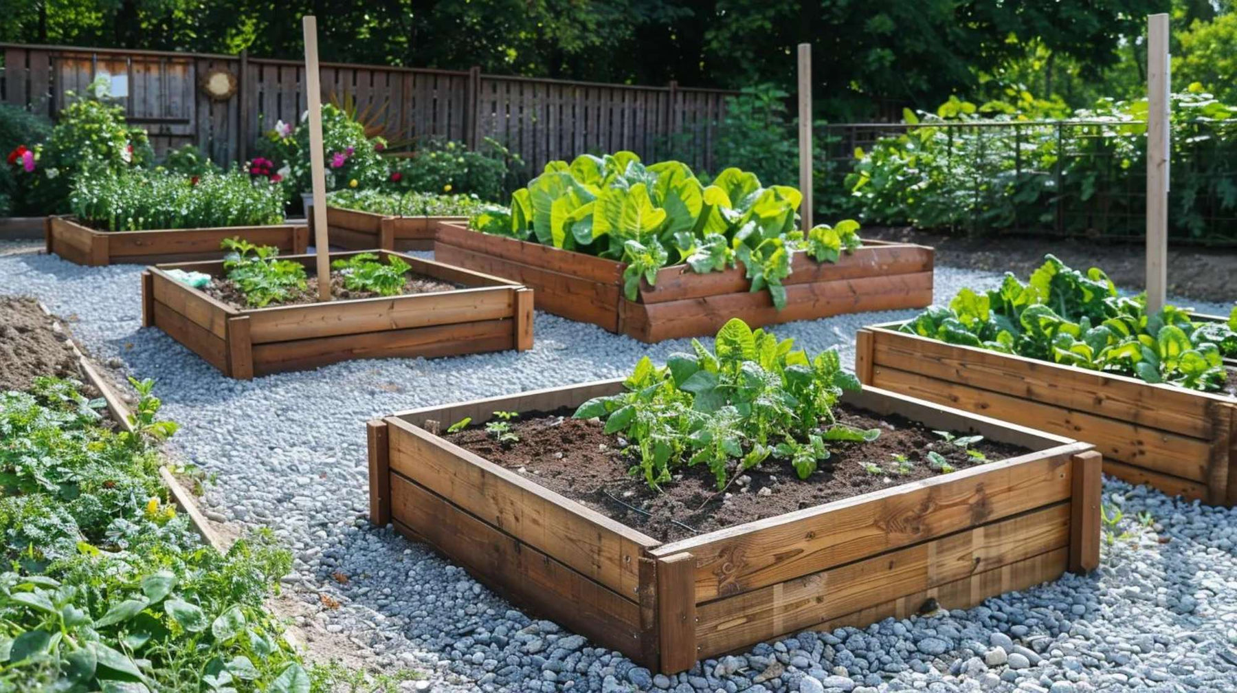 Raised wooden garden beds filled with leafy vegetables and gravel walkways during organic gardening spring in a sunny backyard