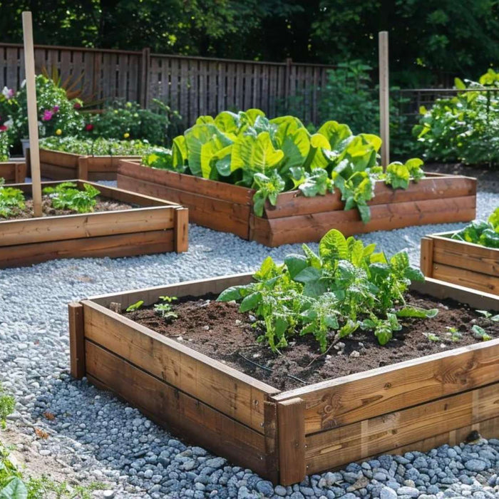 Raised wooden garden beds filled with leafy vegetables and gravel walkways during organic gardening spring in a sunny backyard