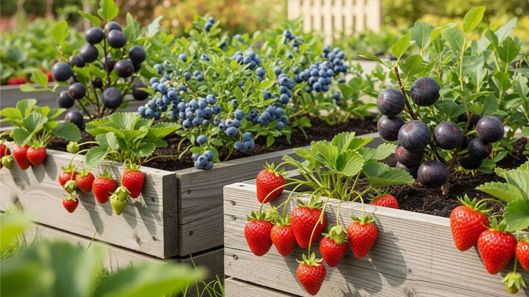 Raised wooden garden beds filled with strawberries, blueberries, and figs showcase Texas spring fruits growing in a sunny backyard garden