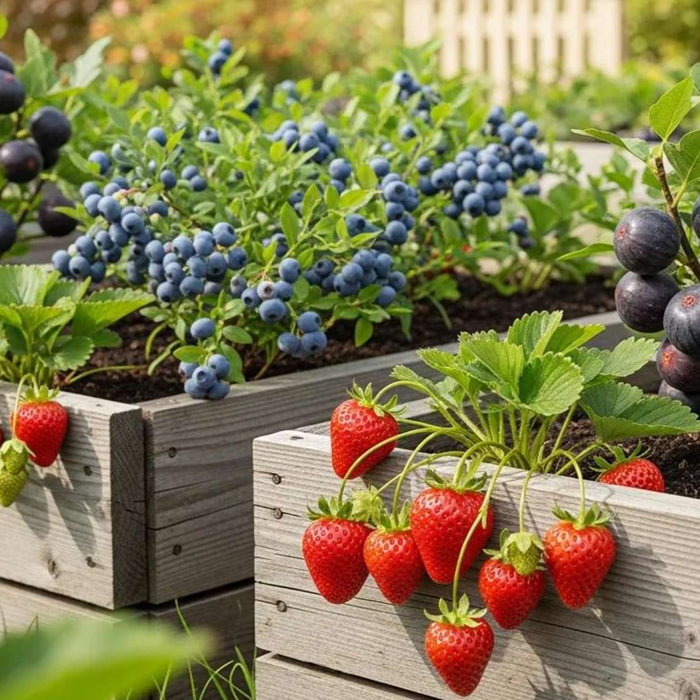 Raised wooden garden beds filled with strawberries, blueberries, and figs showcase Texas spring fruits growing in a sunny backyard garden