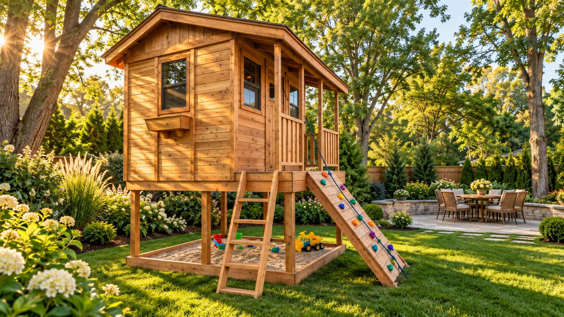 Raised wooden playhouse with a porch, ladder, climbing wall, and sandbox stands in a lush landscaped backyard