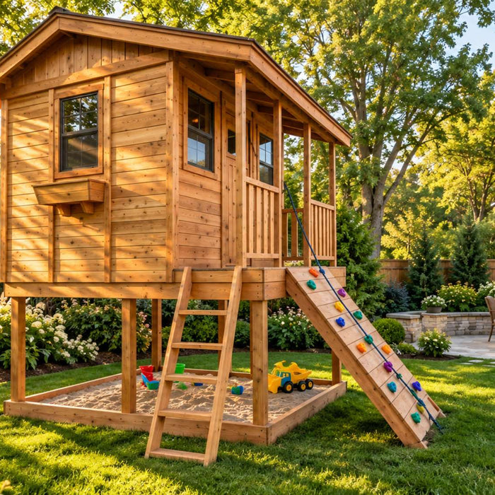 Raised wooden playhouse with a porch, ladder, climbing wall, and sandbox stands in a lush landscaped backyard
