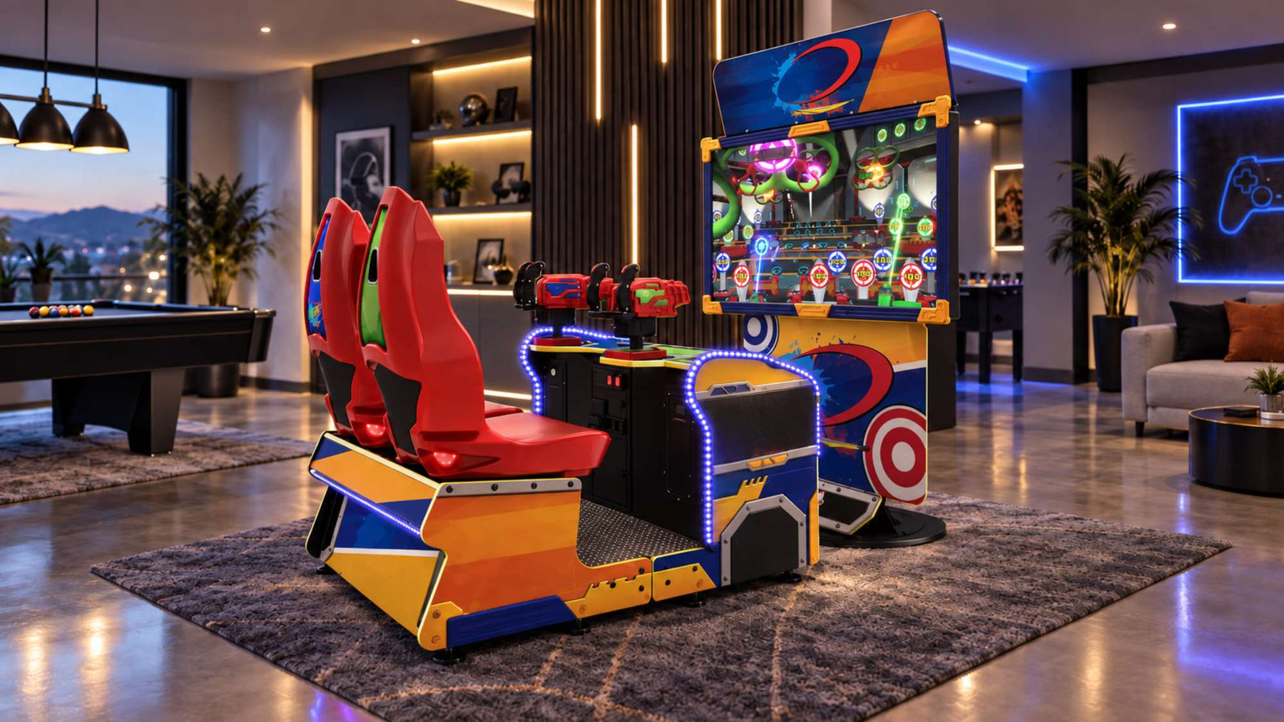 Raw Thrills Nerf Arcade Machine with two red seats and mounted blasters in a modern game room with a pool table, lounge area, and LED lighting