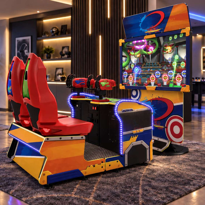Raw Thrills Nerf Arcade Machine with two red seats and mounted blasters in a modern game room with a pool table, lounge area, and LED lighting