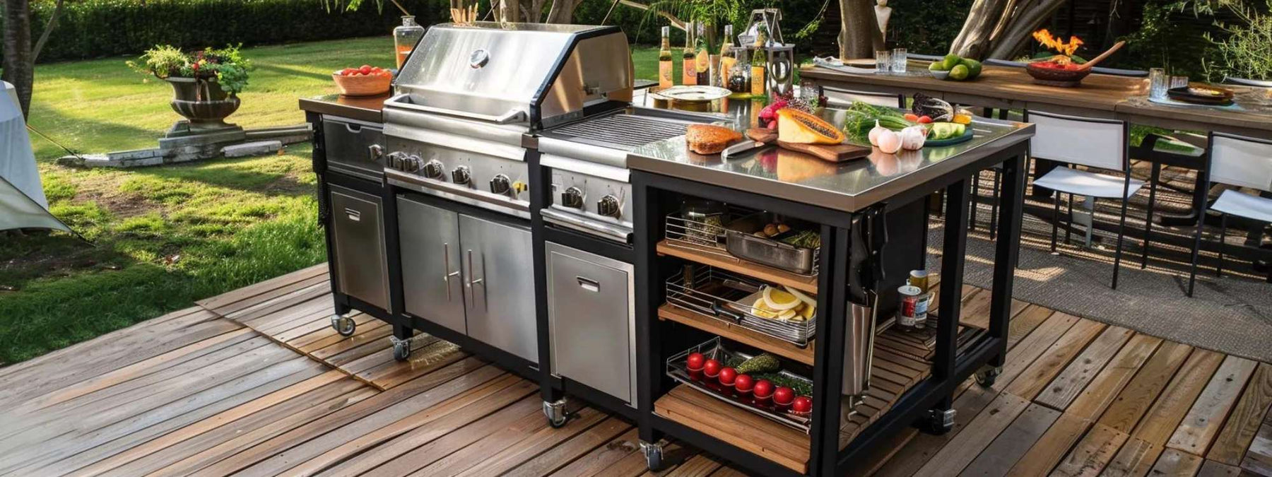 Rolling wheels, open shelving, and metal cabinetry emphasize the importance of flexibility and smart storage when designing a portable outdoor kitchen island for backyard use