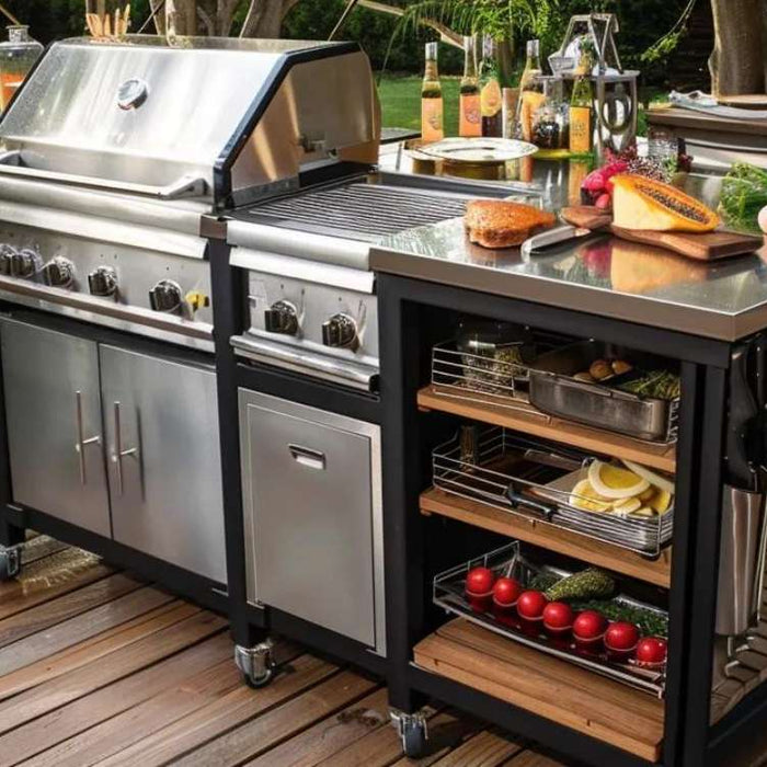 Rolling wheels, open shelving, and metal cabinetry emphasize the importance of flexibility and smart storage when designing a portable outdoor kitchen island for backyard use
