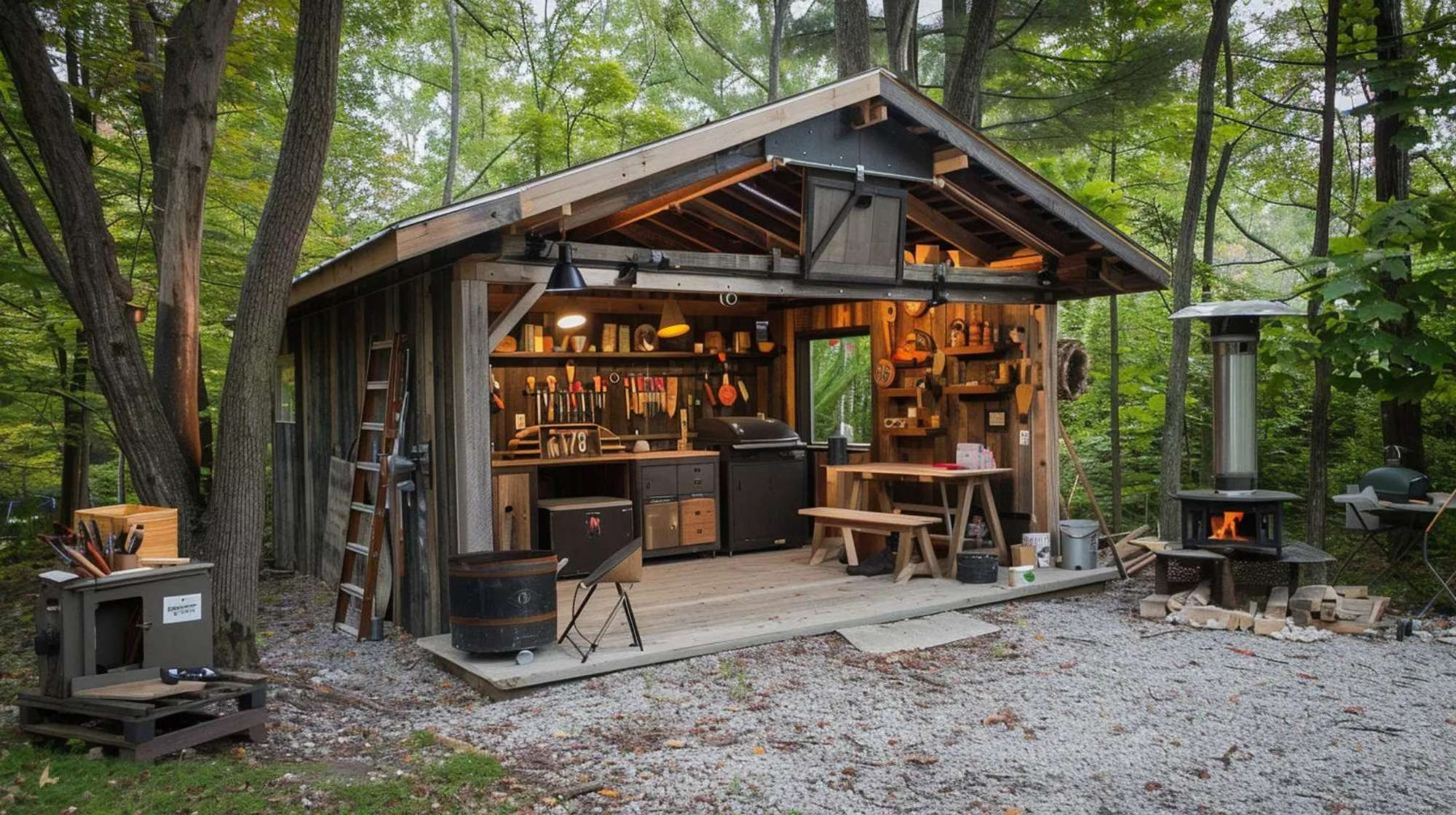Rustic backyard shed with tools, benches, a grill, and a wood stove in a forest setting shows outdoor man cave workshopst for hands-on projects