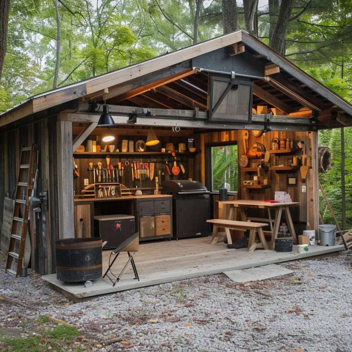 Rustic backyard shed with tools, benches, a grill, and a wood stove in a forest setting shows outdoor man cave workshopst for hands-on projects
