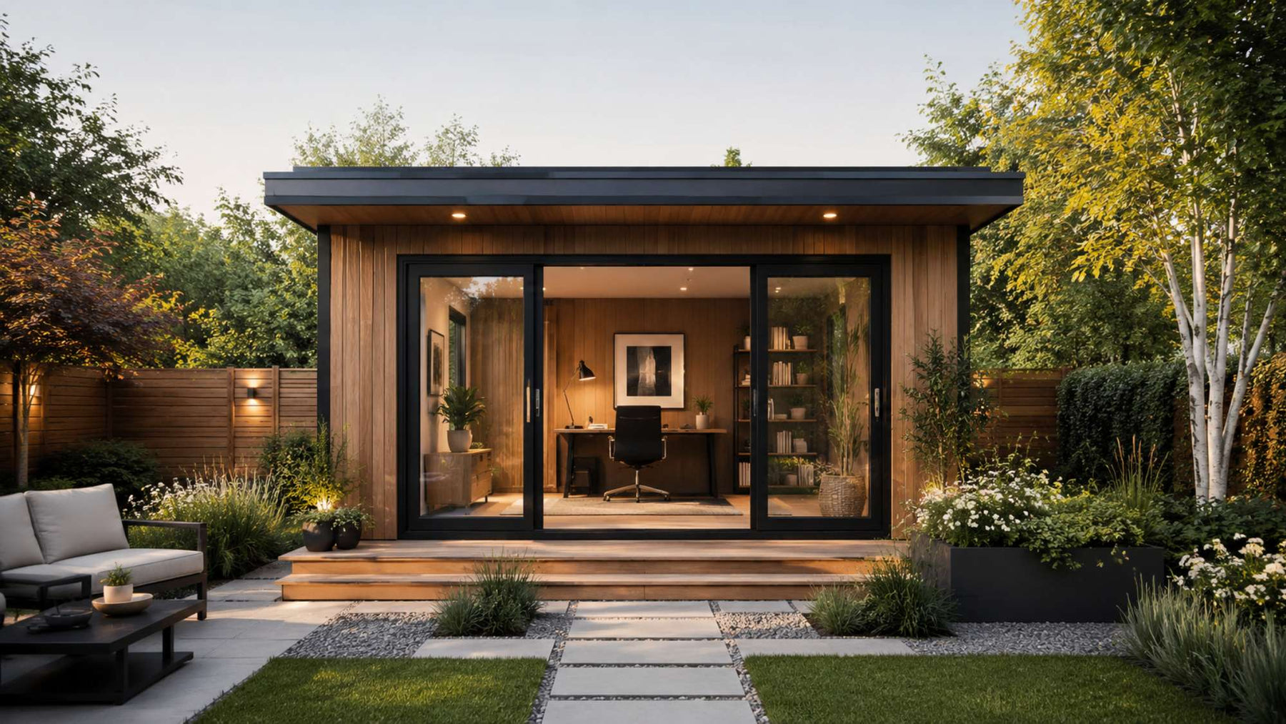 Rustic modern garden office in a clean landscaped backyard showcasing timeless outdoor office colors with warm wood siding and black trim