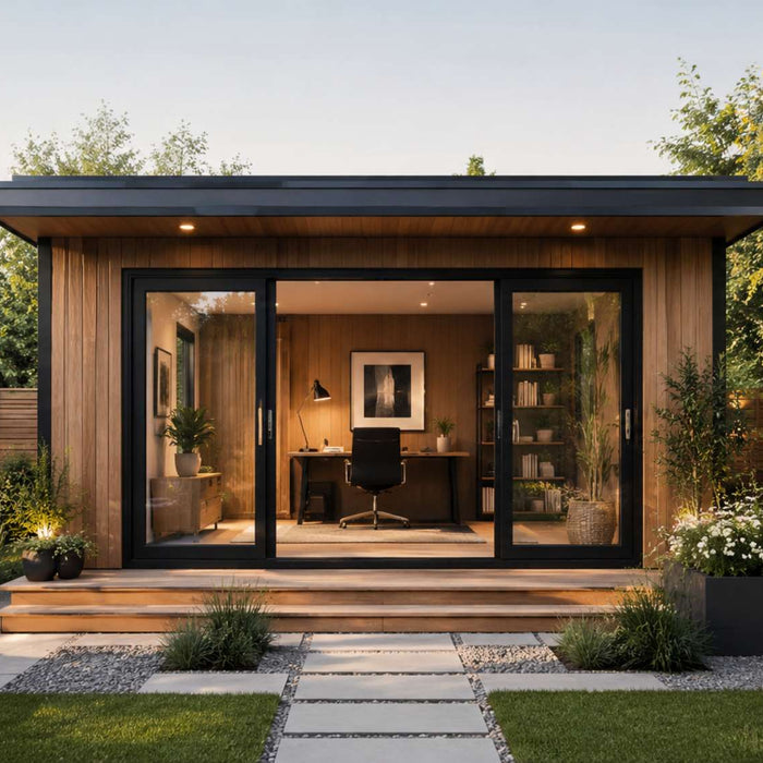Rustic modern garden office in a clean landscaped backyard showcasing timeless outdoor office colors with warm wood siding and black trim