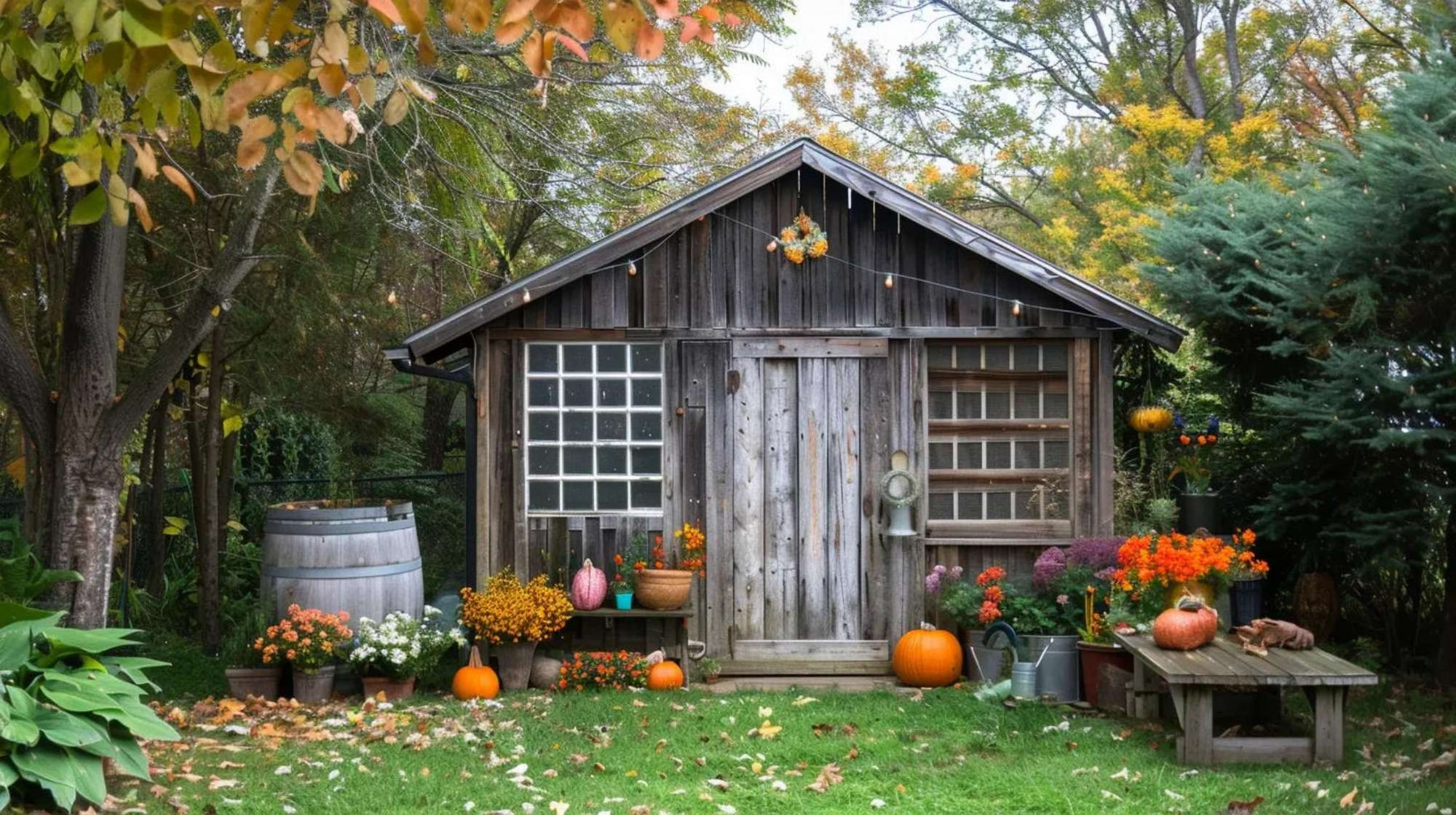 Rustic outdoor storage sheds made of weathered wood sit among autumn flowers, pumpkins, and trees in a backyard garden setting