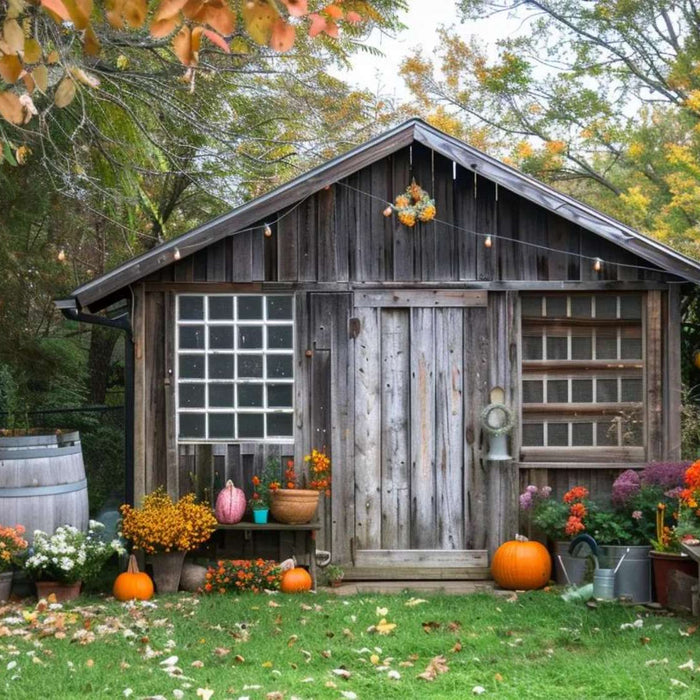 Rustic outdoor storage sheds made of weathered wood sit among autumn flowers, pumpkins, and trees in a backyard garden setting