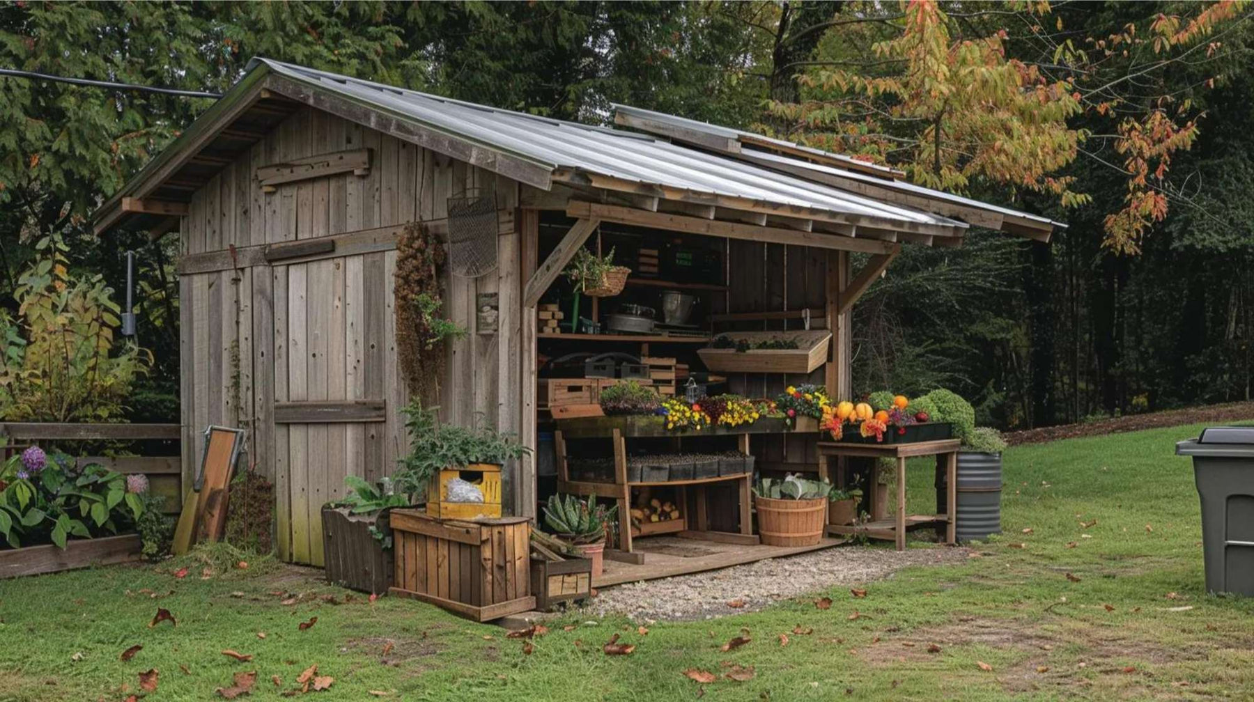 Rustic wooden backyard farm stand shed with an open front displays fresh vegetables, flowers, and crates on shelves under a sloped metal roof in a grassy yard