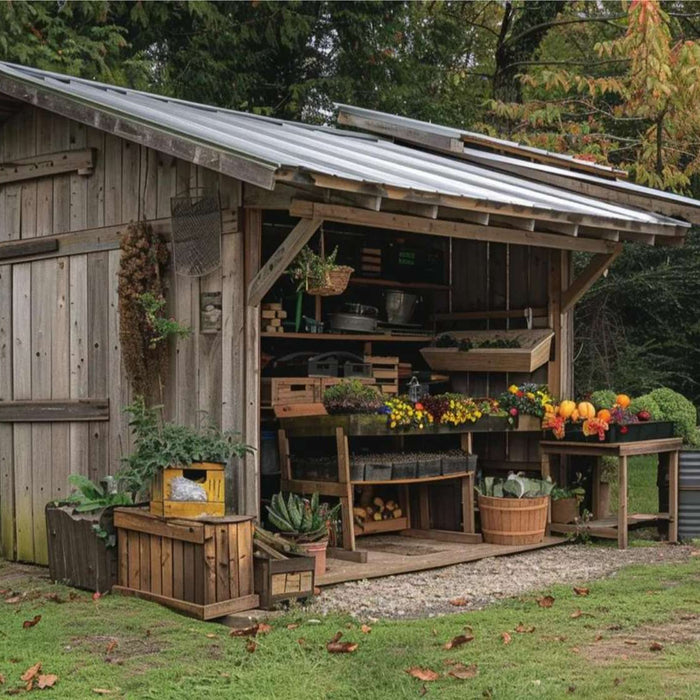 Rustic wooden backyard farm stand shed with an open front displays fresh vegetables, flowers, and crates on shelves under a sloped metal roof in a grassy yard