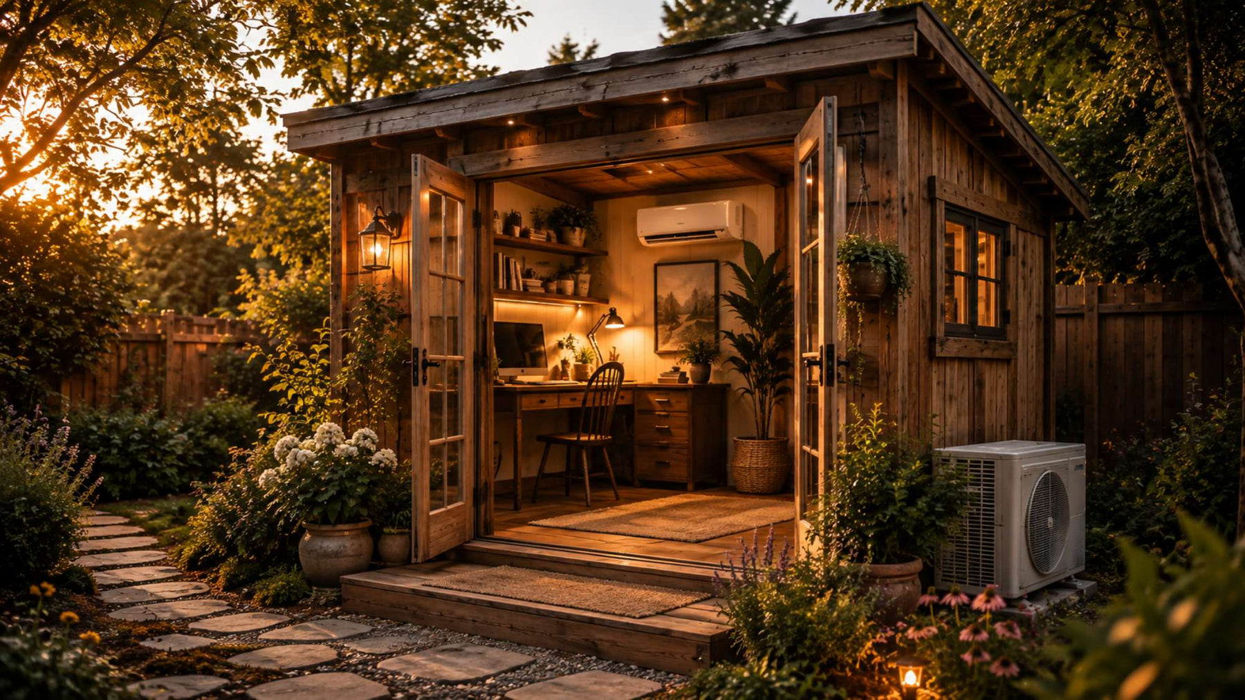 Rustic wooden backyard office with warm lighting a desk garden landscaping and a wall-mounted mini split for shed heating and cooling