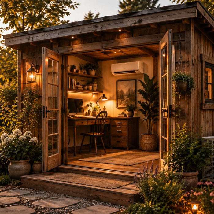 Rustic wooden backyard office with warm lighting a desk garden landscaping and a wall-mounted mini split for shed heating and cooling