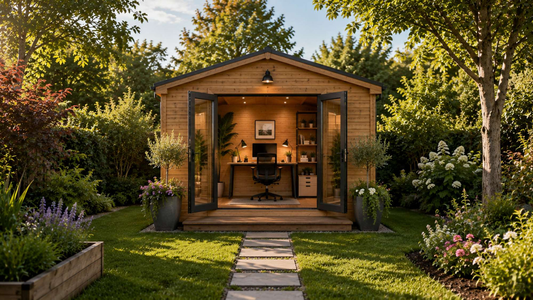 Rustic wooden garden office in a landscaped backyard supporting office work-life balance with a quiet, dedicated workspace