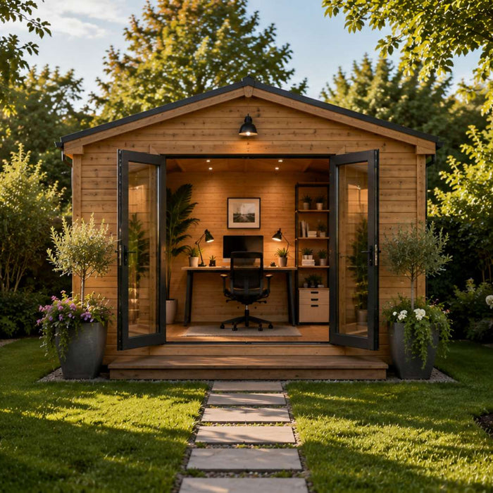 Rustic wooden garden office in a landscaped backyard supporting office work-life balance with a quiet, dedicated workspace