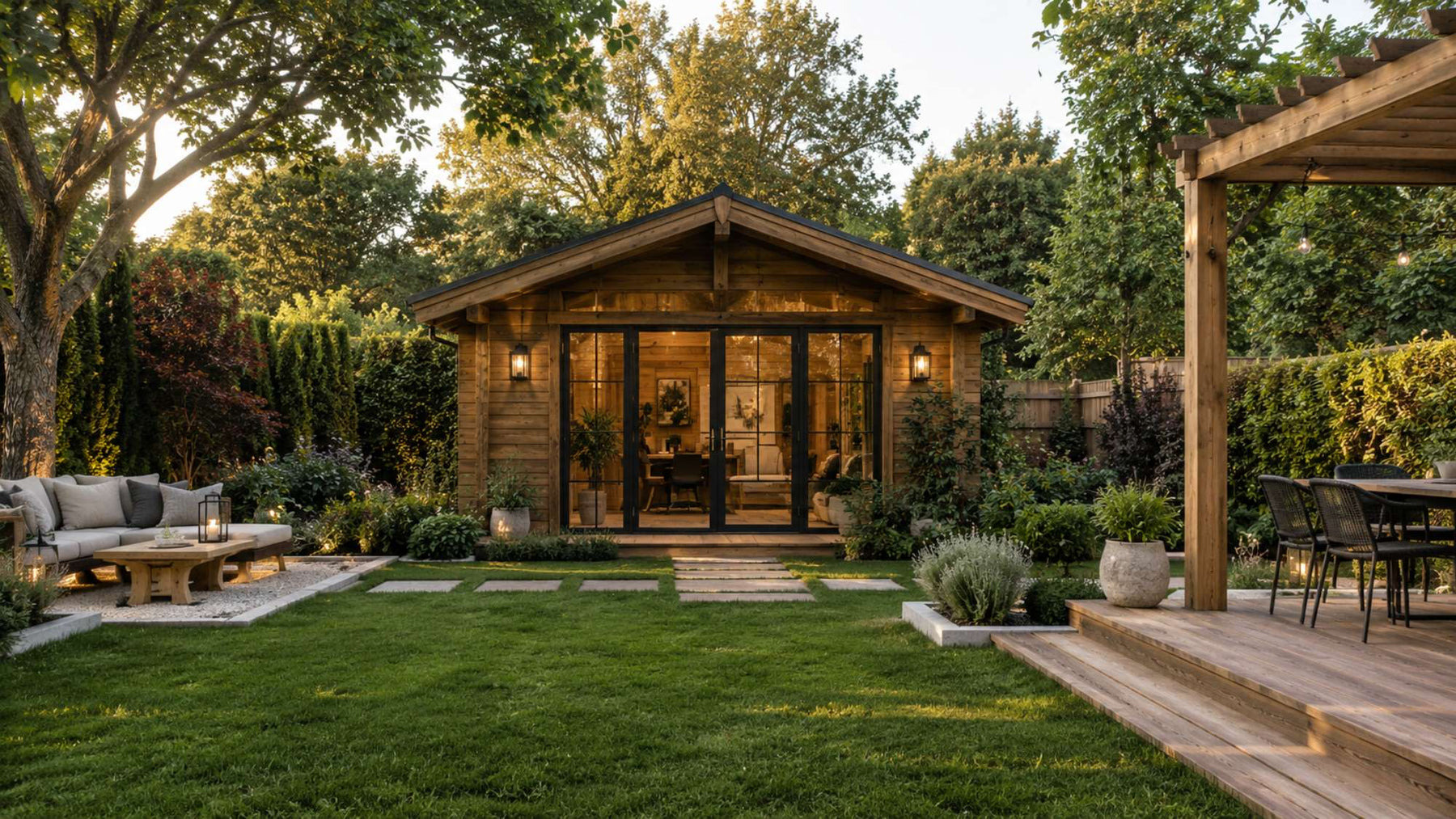 Rustic wooden garden room in a spacious backyard designed for outdoor office privacy with landscaped screening and outdoor living space