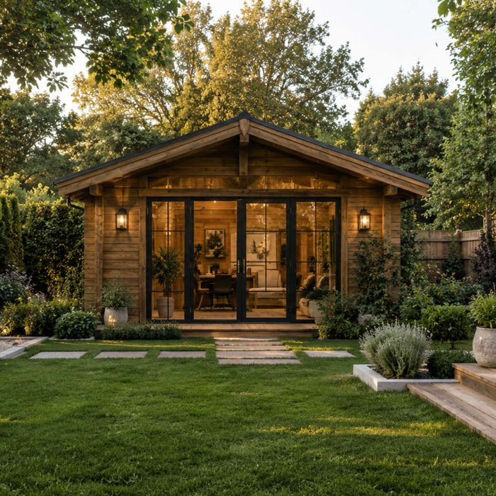 Rustic wooden garden room in a spacious backyard designed for outdoor office privacy with landscaped screening and outdoor living space